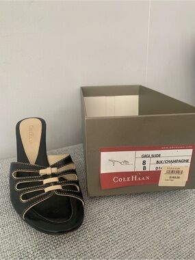 Cole Haan GIGI SLIDE   Black & Champagne Strappy Slide Sandal. With original box